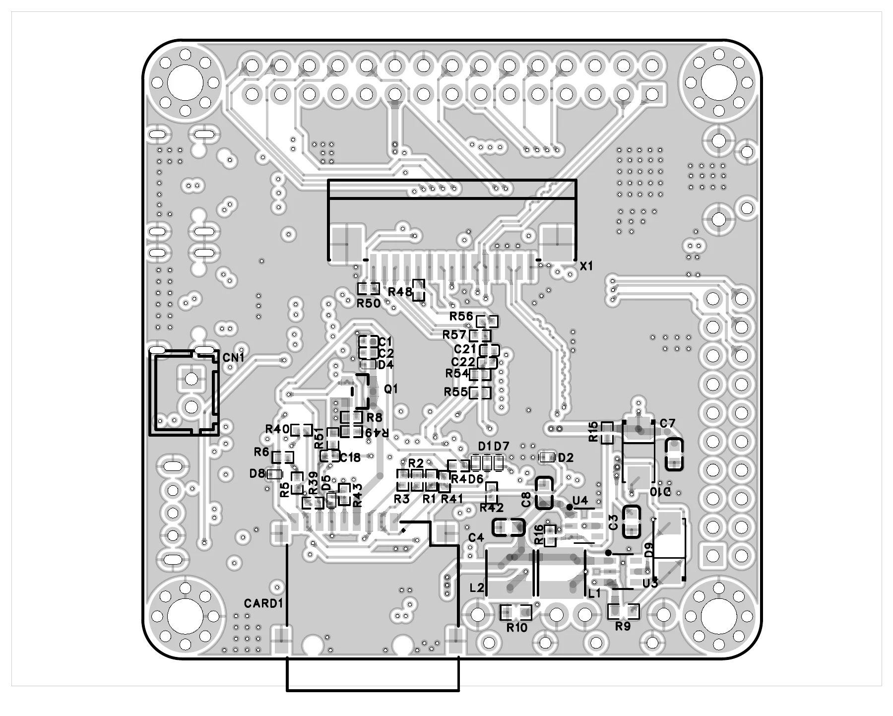 PCB layout set 01, second side with routing and pads